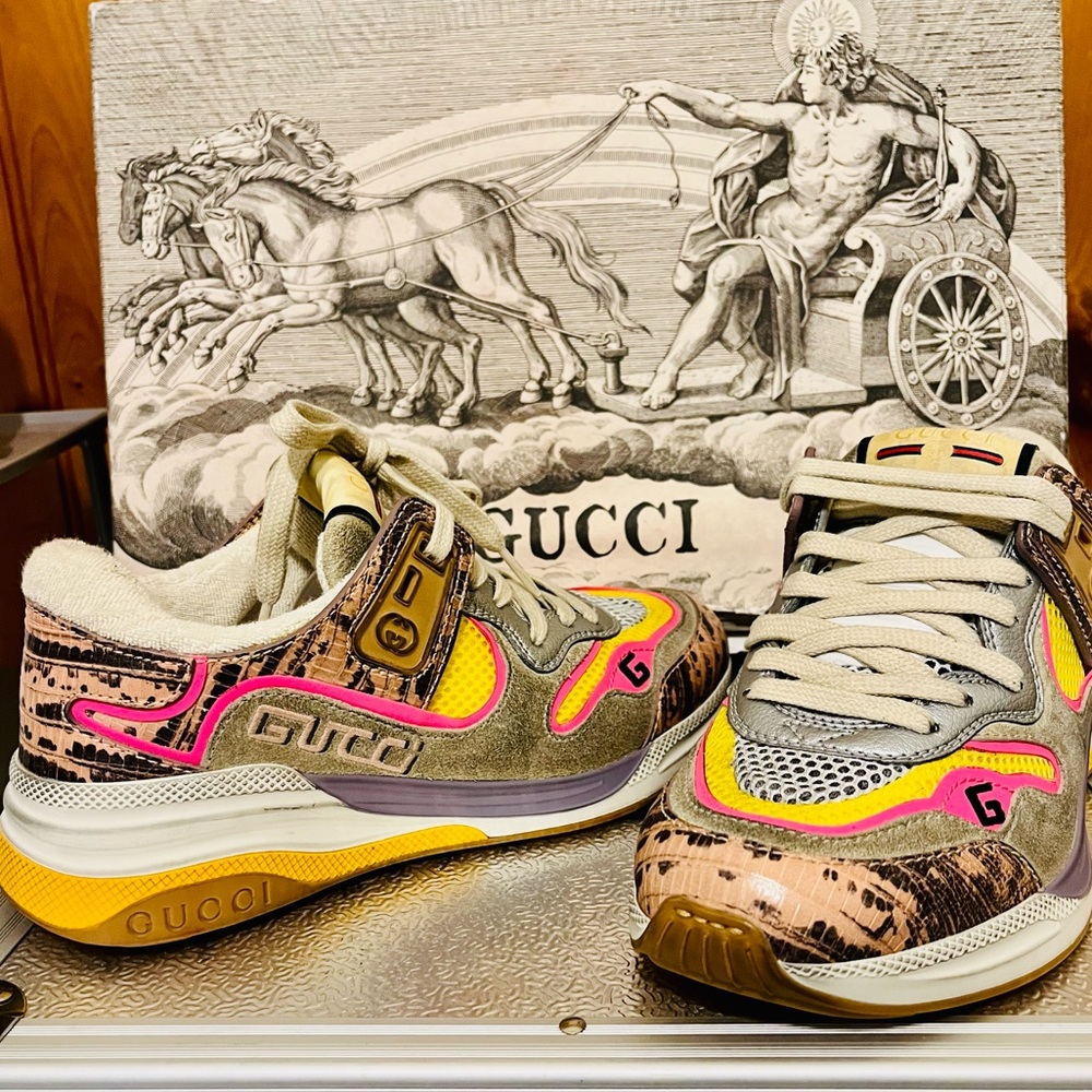 GUCCI Ultrapace Ace Snake Leather Distressed Suede Sneakers - Picture 11 of 12